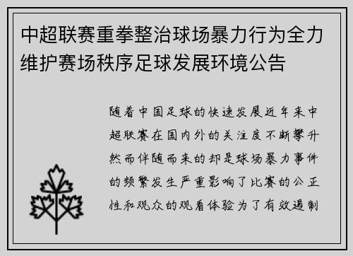 中超联赛重拳整治球场暴力行为全力维护赛场秩序足球发展环境公告