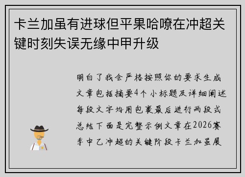 卡兰加虽有进球但平果哈嘹在冲超关键时刻失误无缘中甲升级